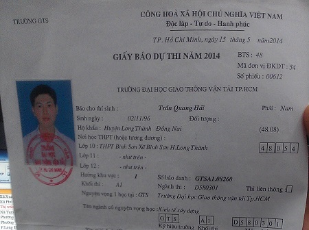 Giấy báo dự thi của thí sinh Trần Quang Hải ghi rõ em được hưởng khu vực 1